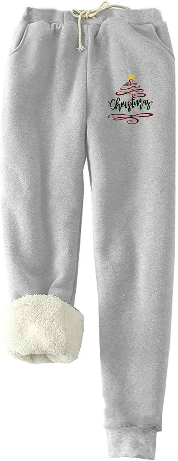 Plus Size Warm Pants for Women Christmas Sweatpants Fleece Lined Jogger Pants Xmas Tree Thermal Trousers Lounge Pants