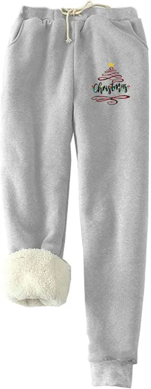 Plus Size Warm Pants for Women Christmas Sweatpants Fleece Lined Jogger Pants Xmas Tree Thermal Trousers Lounge Pants