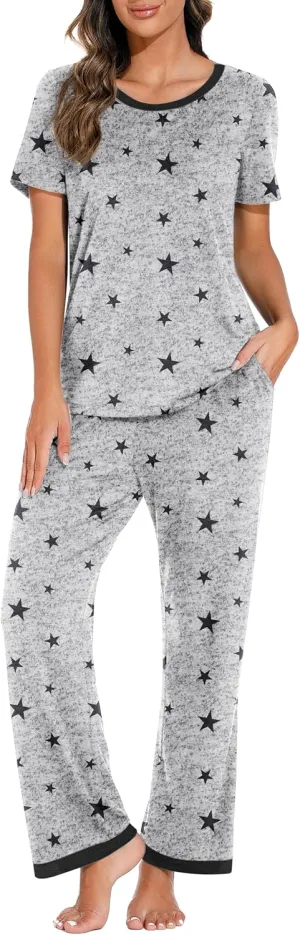 PrinStory 2025 Womens Pajama Set Short Sleeve Sleepwear Ladies Soft Pjs Lounge Set with Pockets