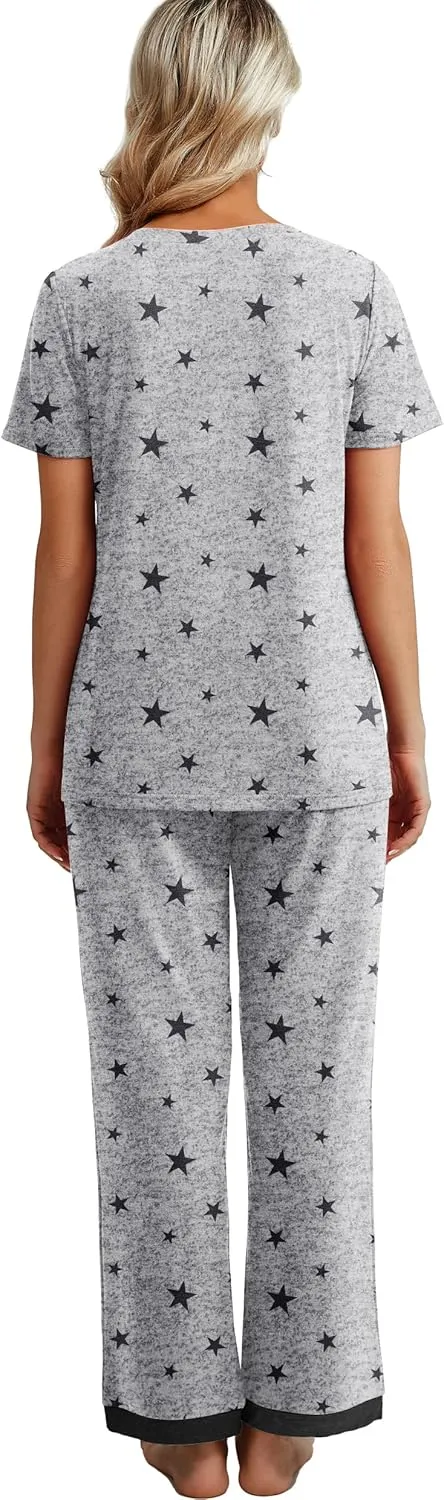 PrinStory 2025 Womens Pajama Set Short Sleeve Sleepwear Ladies Soft Pjs Lounge Set with Pockets