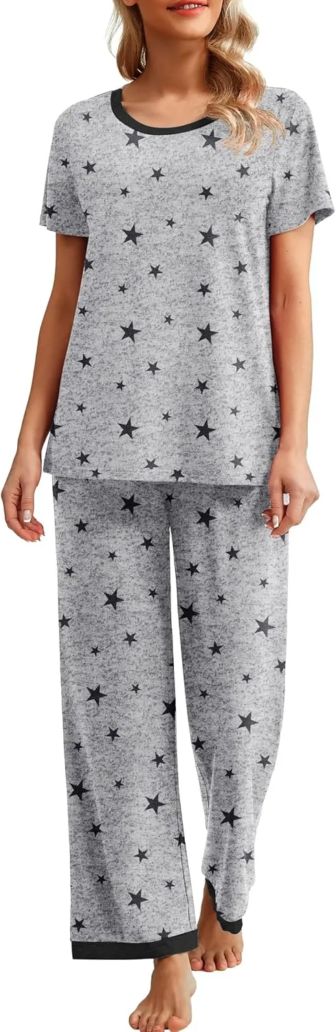 PrinStory 2025 Womens Pajama Set Short Sleeve Sleepwear Ladies Soft Pjs Lounge Set with Pockets