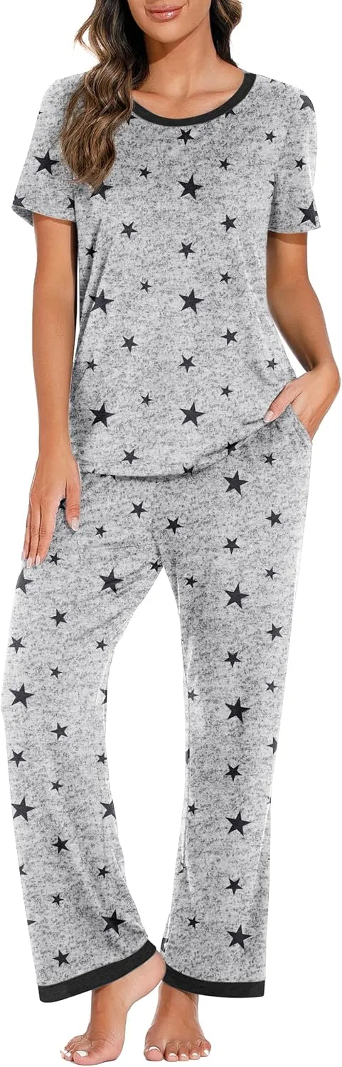 PrinStory 2025 Womens Pajama Set Short Sleeve Sleepwear Ladies Soft Pjs Lounge Set with Pockets