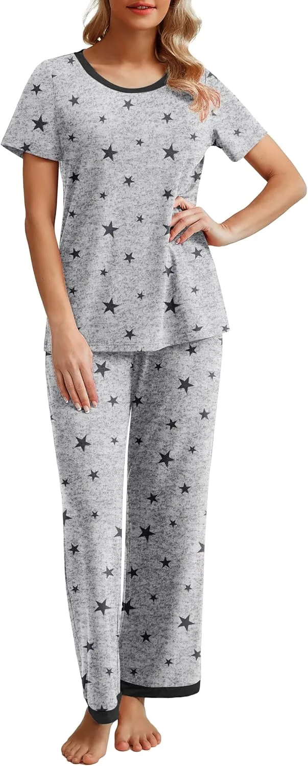 PrinStory 2025 Womens Pajama Set Short Sleeve Sleepwear Ladies Soft Pjs Lounge Set with Pockets