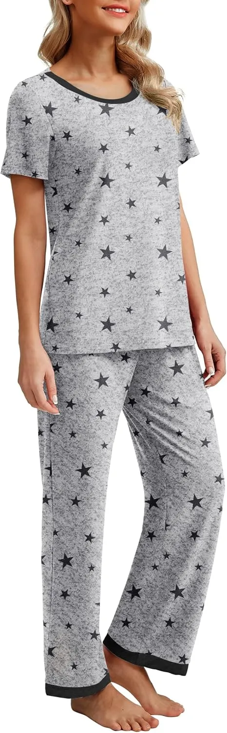 PrinStory 2025 Womens Pajama Set Short Sleeve Sleepwear Ladies Soft Pjs Lounge Set with Pockets