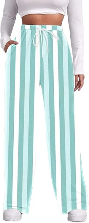Printed Drawstring Baggy Trousers Elastic Waisted Pants Women High Waisted Color Block Straight Leg Pants with Pockets