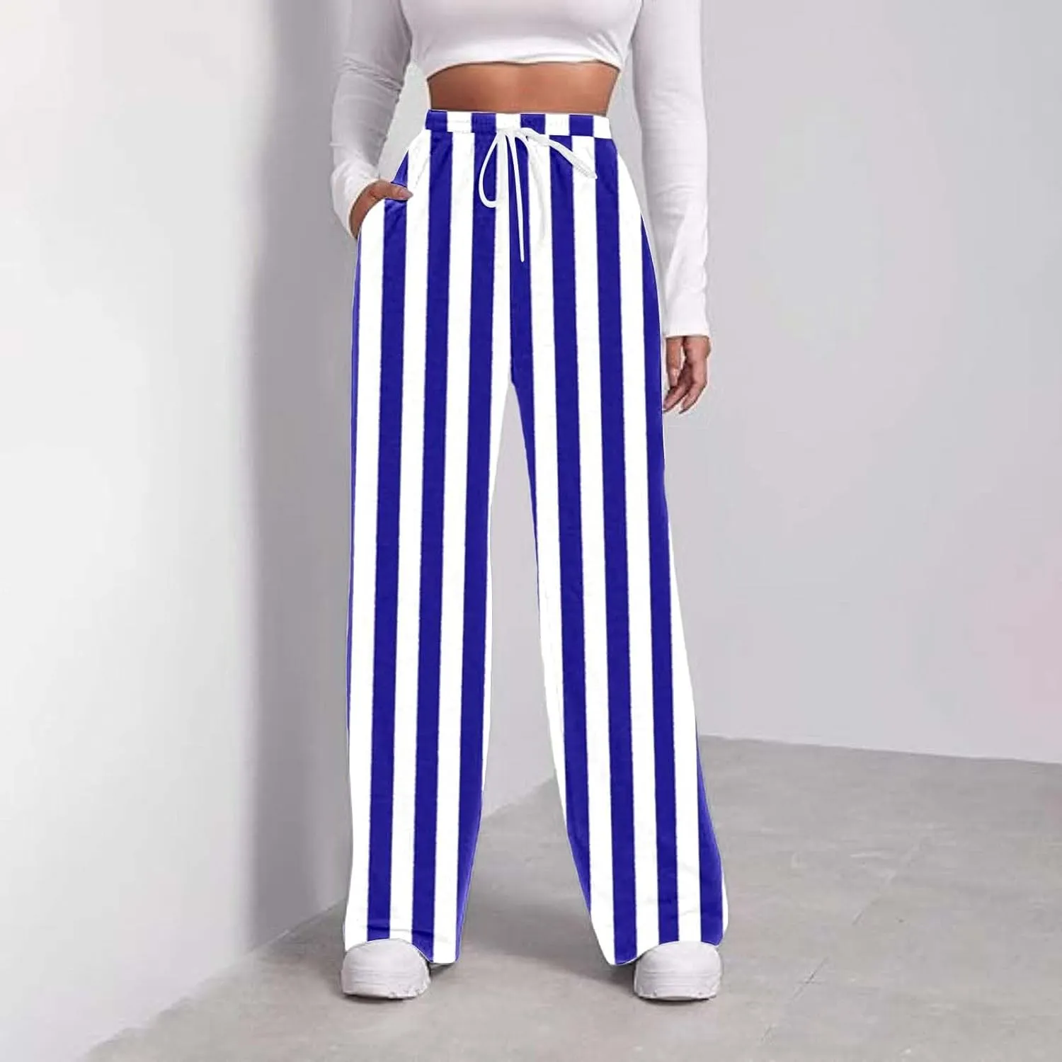 Printed Drawstring Baggy Trousers Elastic Waisted Pants Women High Waisted Color Block Straight Leg Pants with Pockets