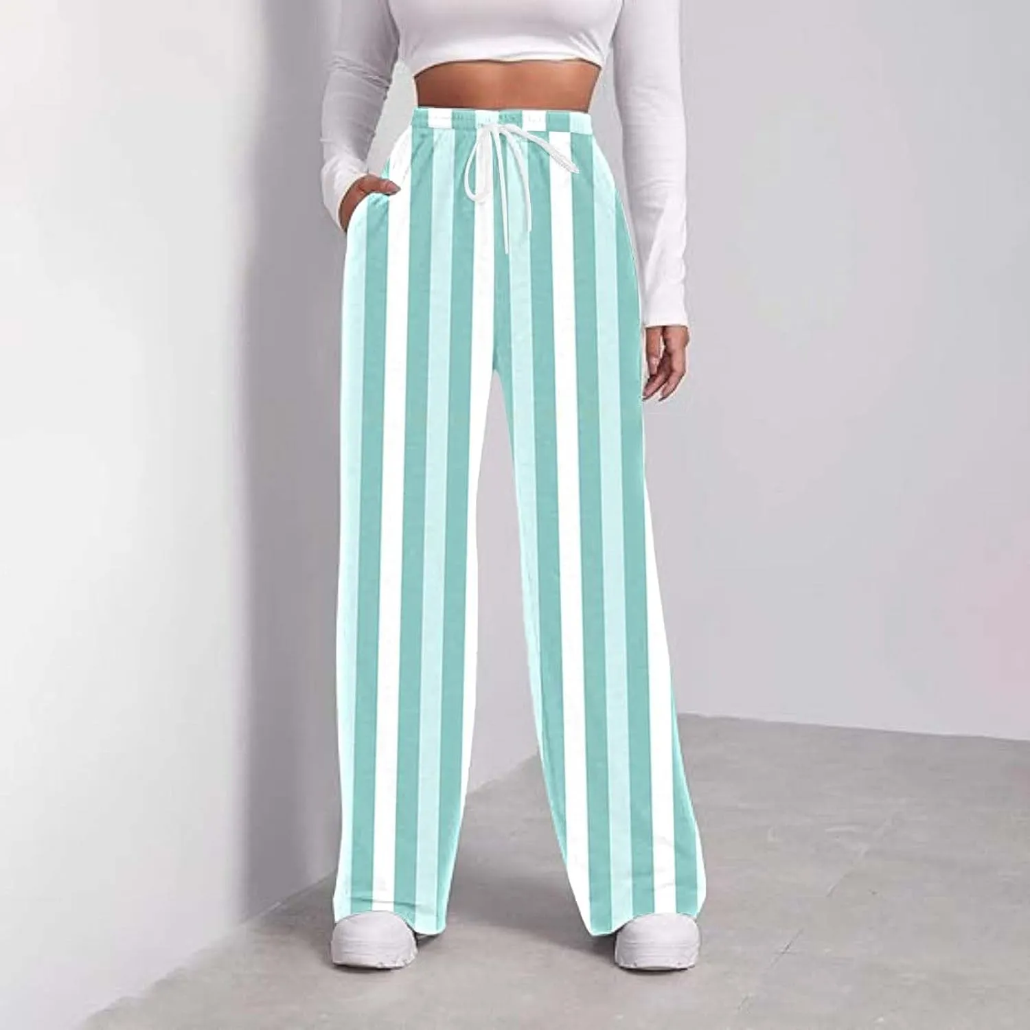 Printed Drawstring Baggy Trousers Elastic Waisted Pants Women High Waisted Color Block Straight Leg Pants with Pockets
