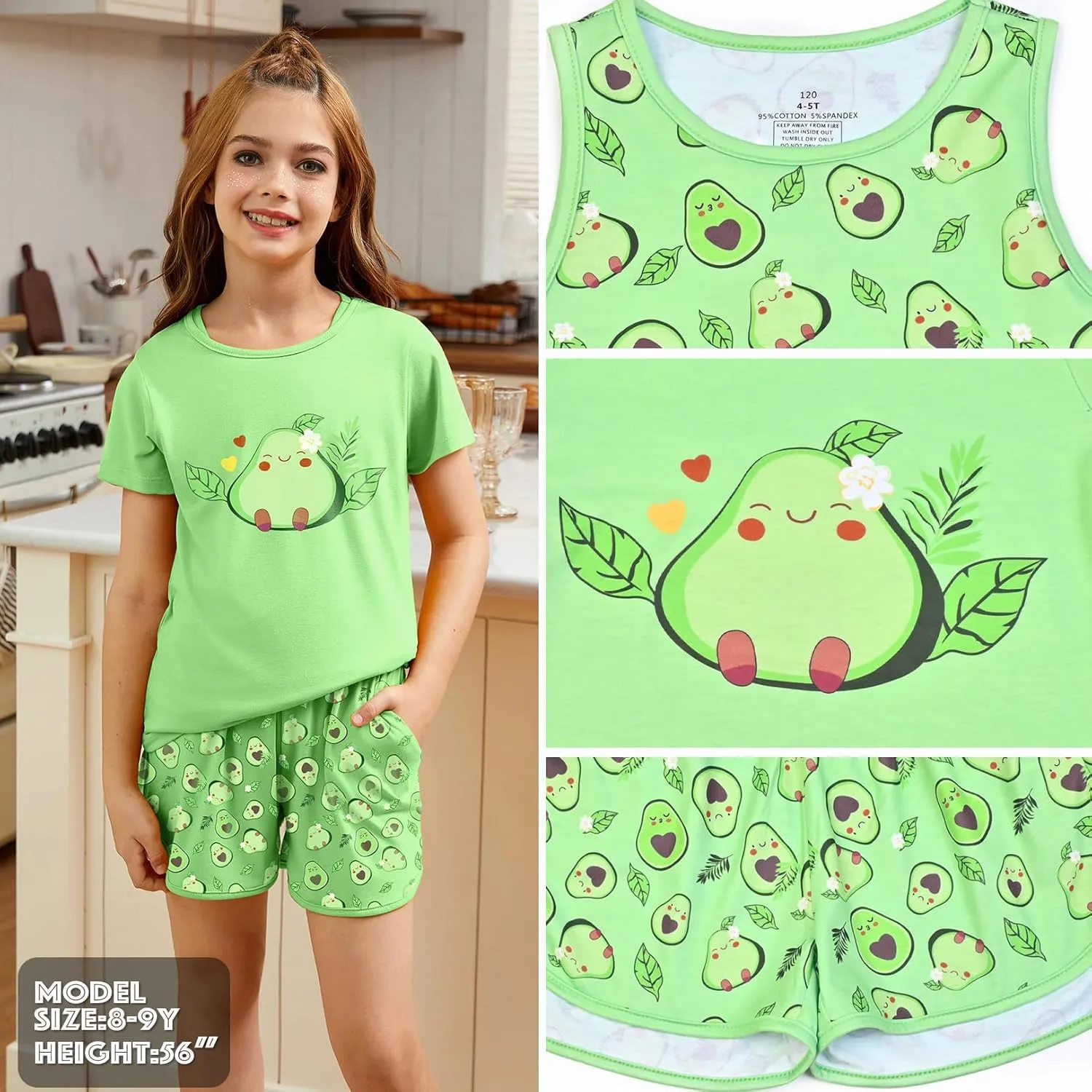 QPANCY Girls Pajamas Kids Casual Loungewear Sleepwear Cotton 3 Pieces Shirts&Tank Shorts Pjs Sets