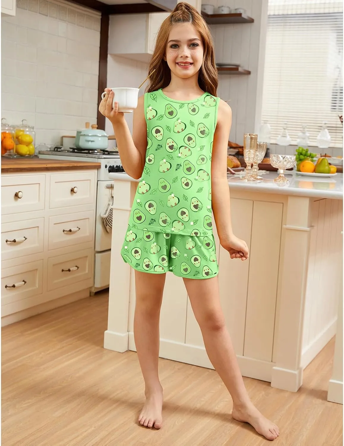 QPANCY Girls Pajamas Kids Casual Loungewear Sleepwear Cotton 3 Pieces Shirts&Tank Shorts Pjs Sets