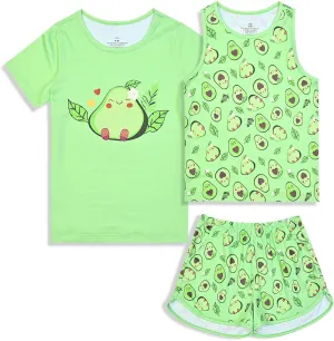 QPANCY Girls Pajamas Kids Casual Loungewear Sleepwear Cotton 3 Pieces Shirts&Tank Shorts Pjs Sets