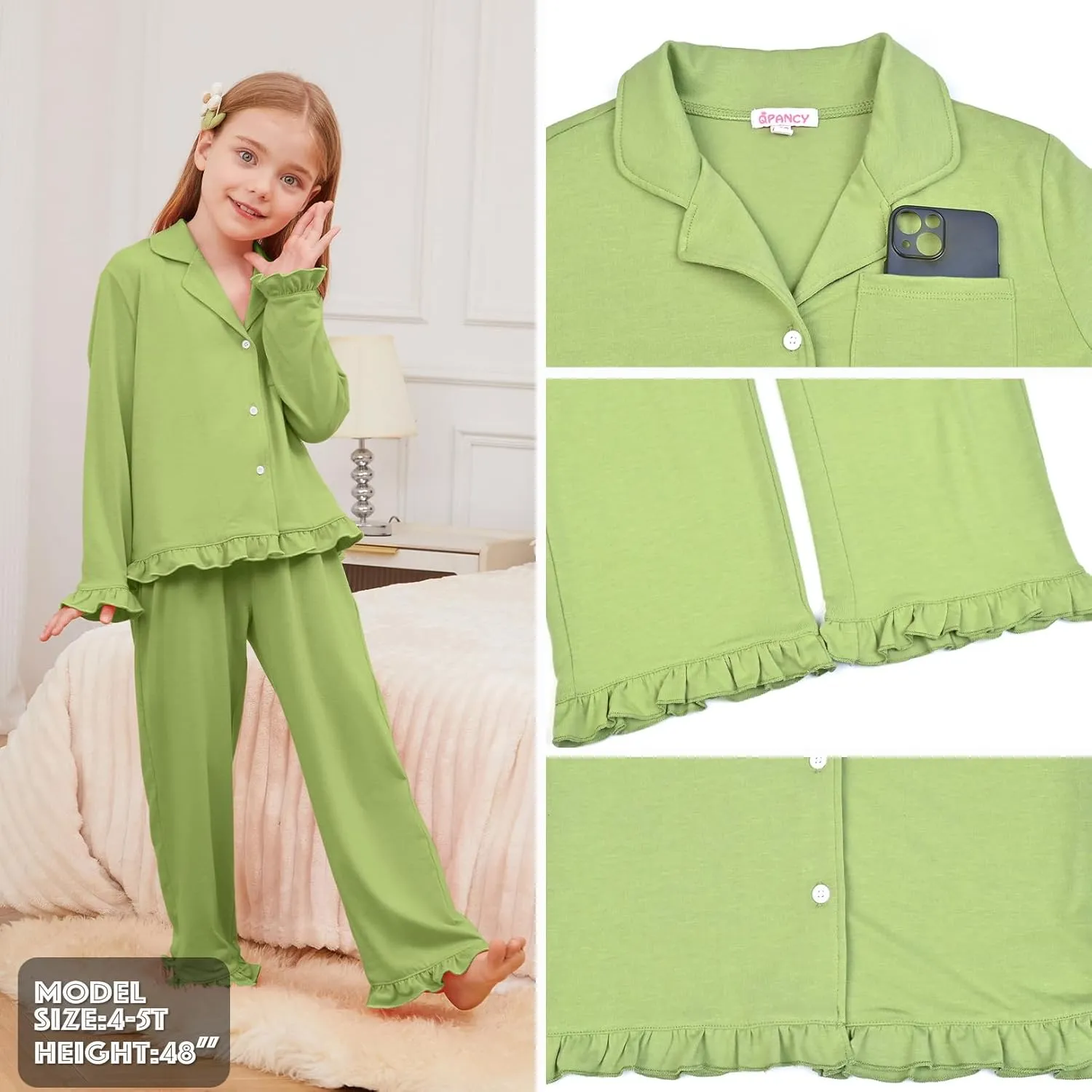 QPANCY Girls Pajamas Sets Ruffle Long Sleeve Button Down Sleepwear Loungewear kids 2 Piece Pjs Set