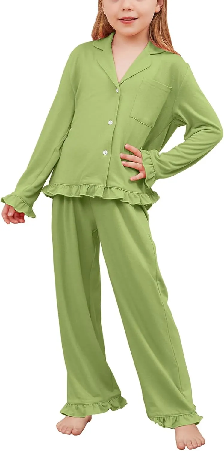 QPANCY Girls Pajamas Sets Ruffle Long Sleeve Button Down Sleepwear Loungewear kids 2 Piece Pjs Set