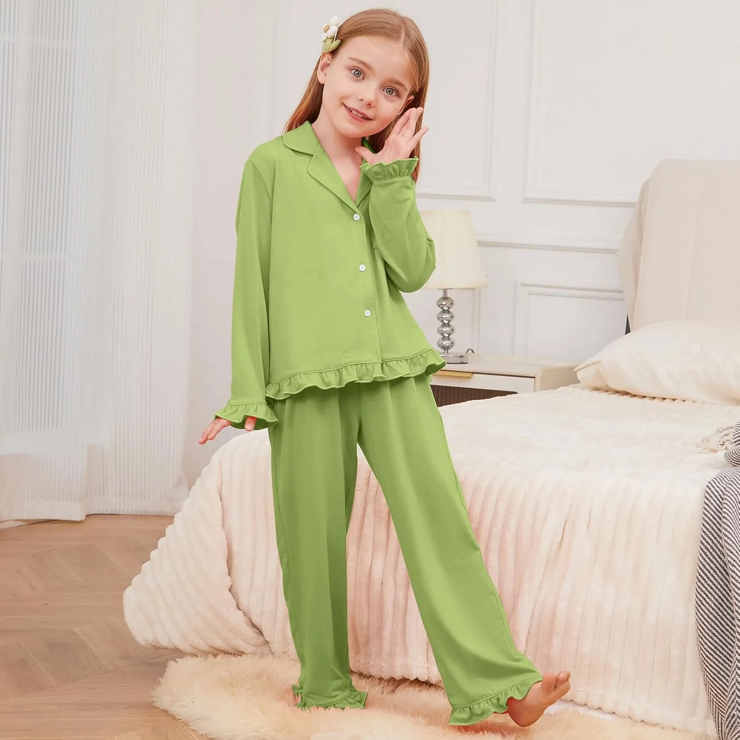 QPANCY Girls Pajamas Sets Ruffle Long Sleeve Button Down Sleepwear Loungewear kids 2 Piece Pjs Set