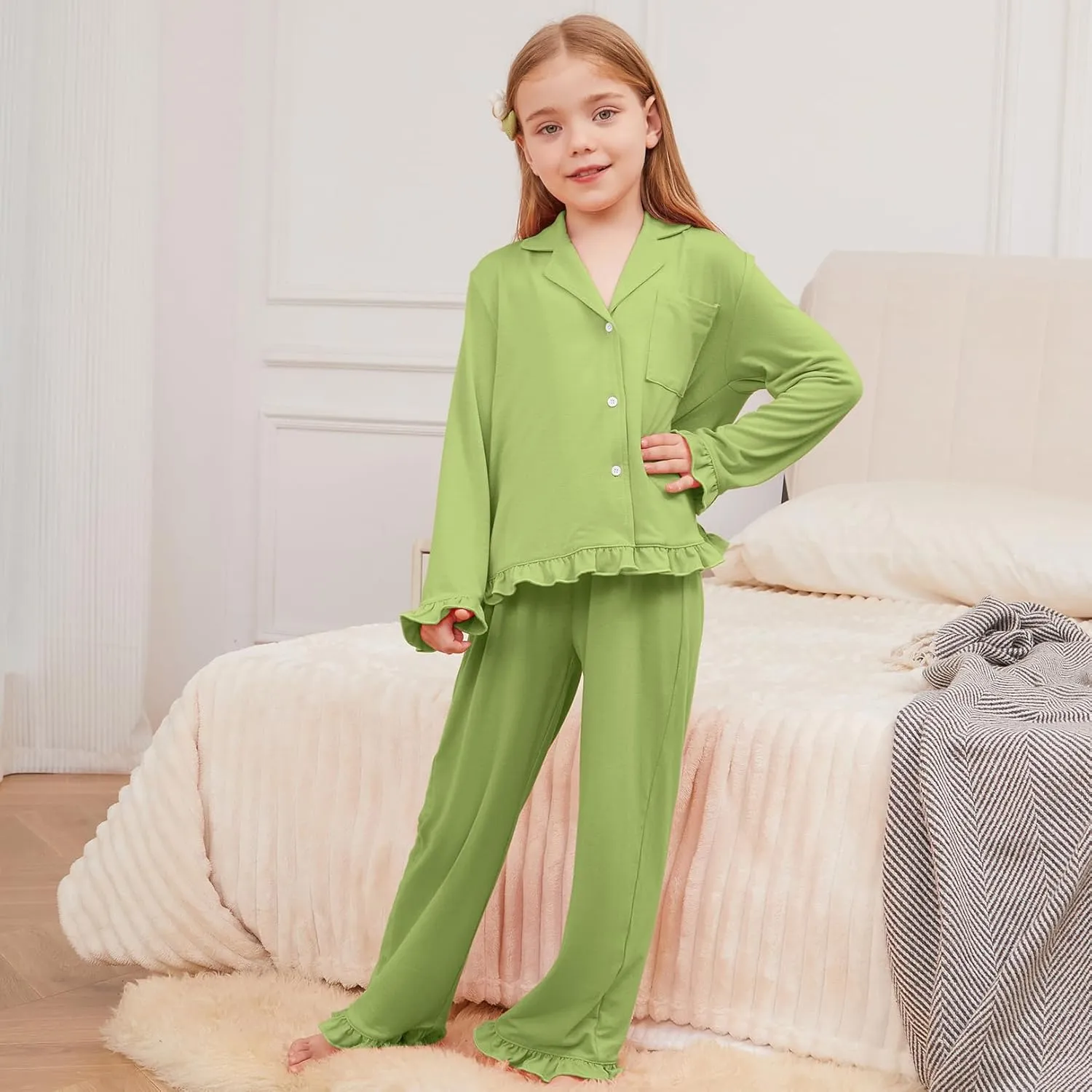 QPANCY Girls Pajamas Sets Ruffle Long Sleeve Button Down Sleepwear Loungewear kids 2 Piece Pjs Set