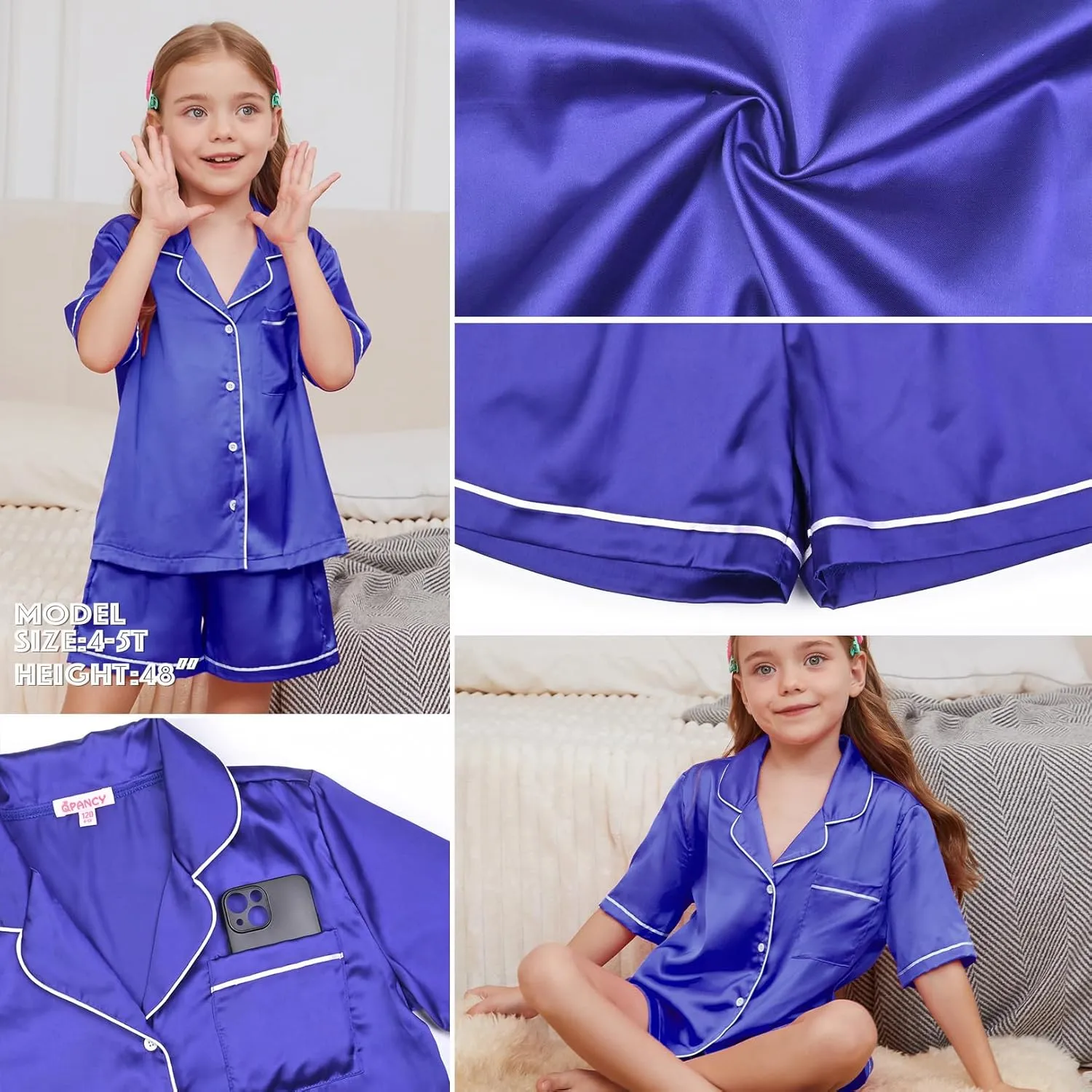 QPANCY Kids Satin Pajamas Sets Baby Boy Girl Button-Down Silk Sleepwear 2 Piece Short Sleeve Loungewear Clothes Set