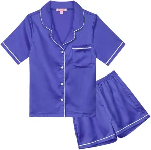 QPANCY Kids Satin Pajamas Sets Baby Boy Girl Button-Down Silk Sleepwear 2 Piece Short Sleeve Loungewear Clothes Set