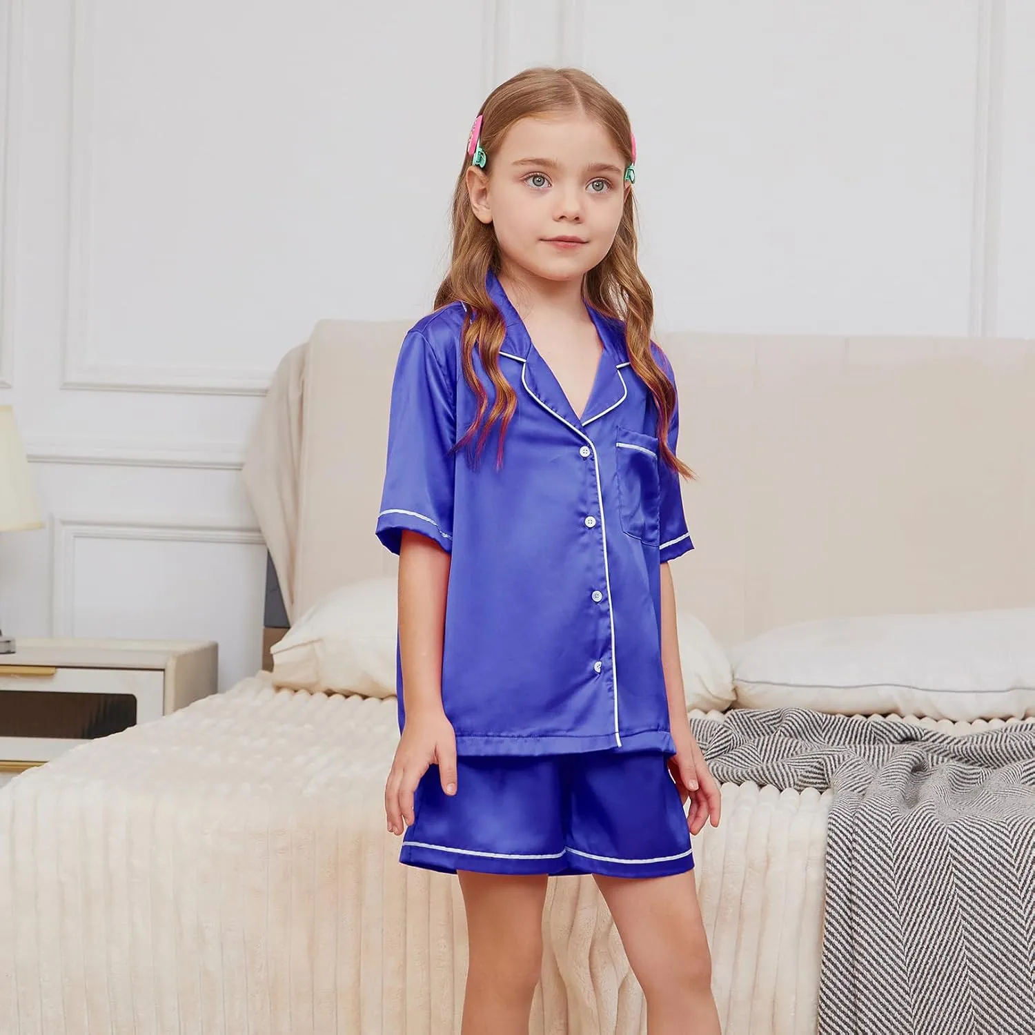 QPANCY Kids Satin Pajamas Sets Baby Boy Girl Button-Down Silk Sleepwear 2 Piece Short Sleeve Loungewear Clothes Set