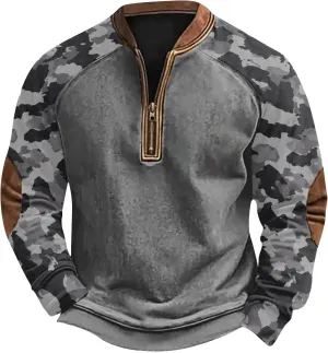 Quarter Zip Pullover Men Long Sleeve Camo Casual Sweatshirt 2024 Winter Henley Neck Plus Size Loose Pullover Tops