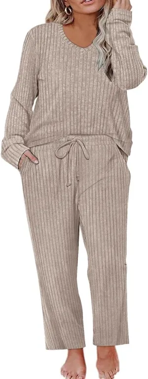 RITERA Womens Plus Size 2 Piece Outfits Lounge Sets Knit Sweatsuit Long Sleeve Pullover Tops Wide Leg Pant Pajama Sets XL-5XL