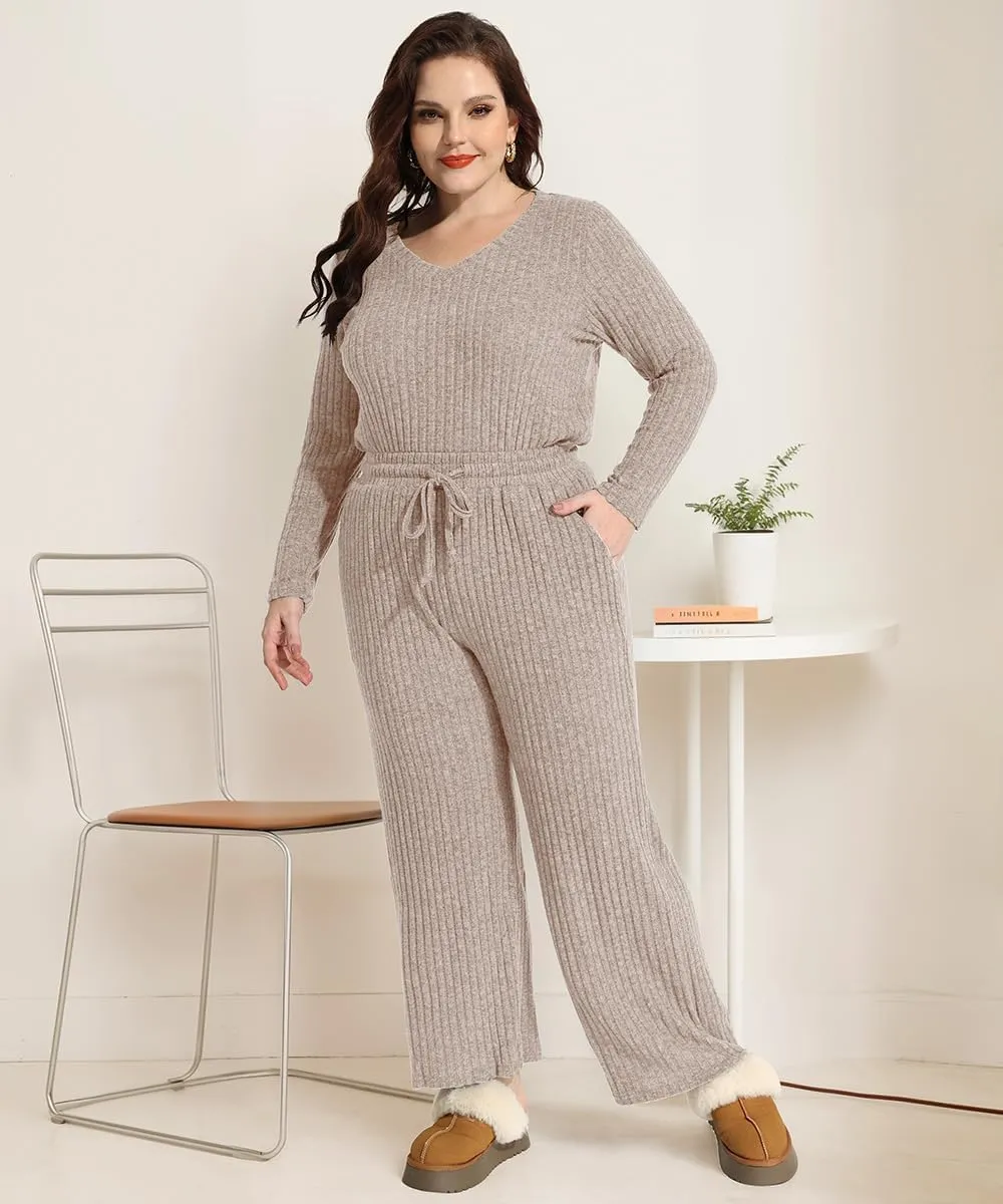 RITERA Womens Plus Size 2 Piece Outfits Lounge Sets Knit Sweatsuit Long Sleeve Pullover Tops Wide Leg Pant Pajama Sets XL-5XL
