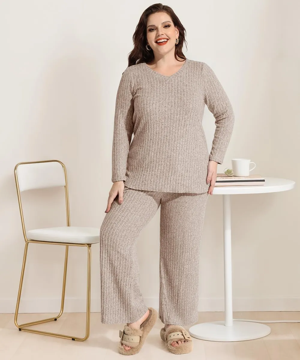 RITERA Womens Plus Size 2 Piece Outfits Lounge Sets Knit Sweatsuit Long Sleeve Pullover Tops Wide Leg Pant Pajama Sets XL-5XL