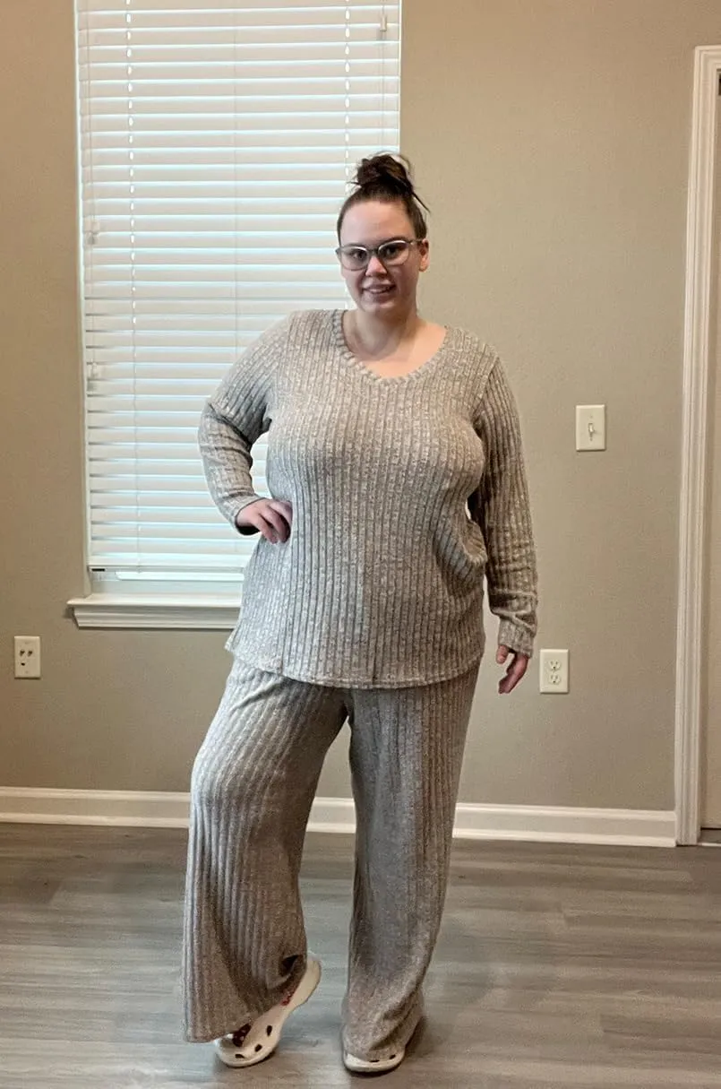 RITERA Womens Plus Size 2 Piece Outfits Lounge Sets Knit Sweatsuit Long Sleeve Pullover Tops Wide Leg Pant Pajama Sets XL-5XL