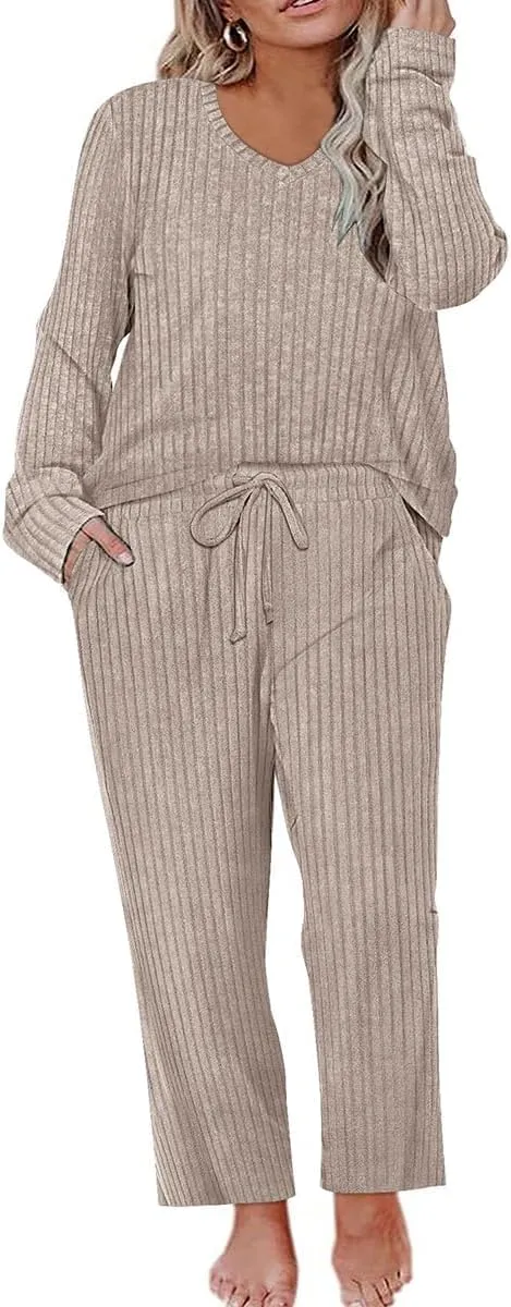 RITERA Womens Plus Size 2 Piece Outfits Lounge Sets Knit Sweatsuit Long Sleeve Pullover Tops Wide Leg Pant Pajama Sets XL-5XL