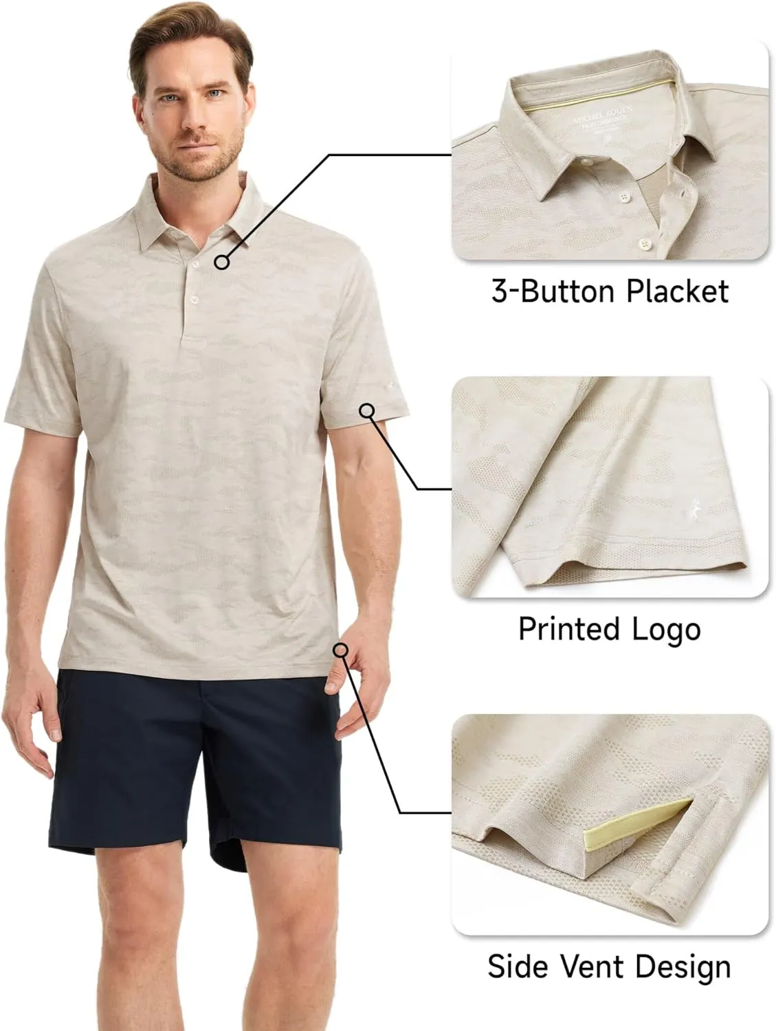 Rouen Polo Shirts for Men Moisture Wicking Quick Dry Lightweight Jacquard Performance Polo Shirts Casual Collared Golf Shirts