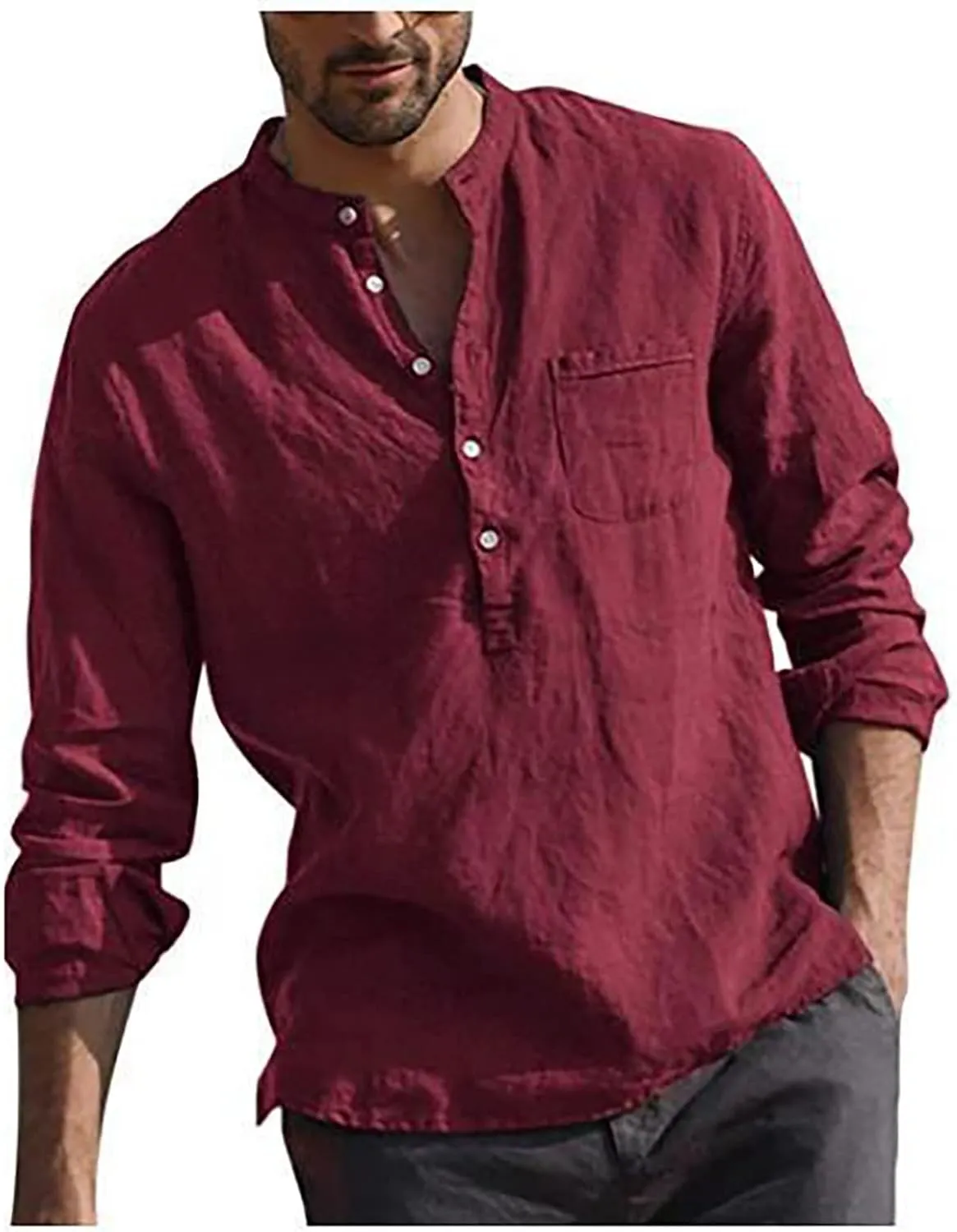 RTRDE Men's Long Sleeve Shirts Summer Casual Cotton Linen Solid Color Shirts Loose Stand Collar Shirts Tshirts, M-3XL