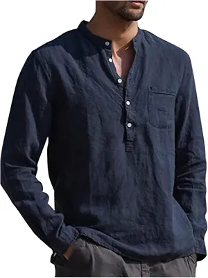 RTRDE Men's Long Sleeve Shirts Summer Casual Cotton Linen Solid Color Shirts Loose Stand Collar Shirts Tshirts, M-3XL