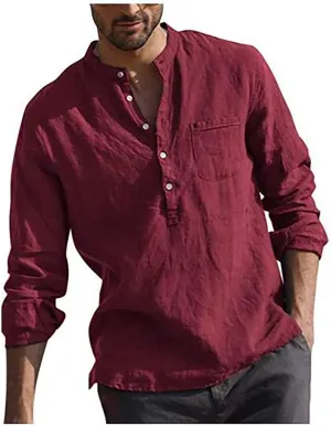 RTRDE Men's Long Sleeve Shirts Summer Casual Cotton Linen Solid Color Shirts Loose Stand Collar Shirts Tshirts, M-3XL