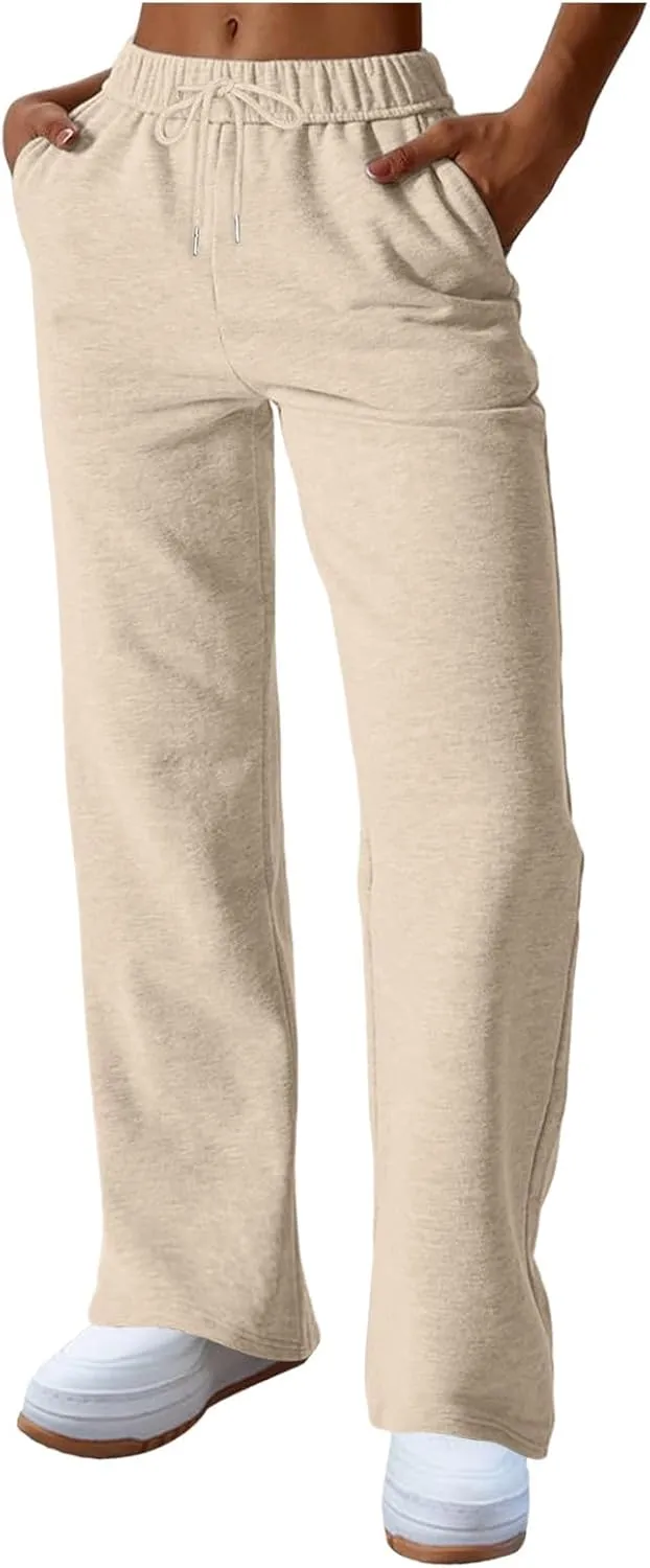 Rvidbe Women's Sweatpants with Pockets,Winter Fleece Lined Comfy Warm Baggy Pants Drawstring High Waist Wide Leg Lounge Pants