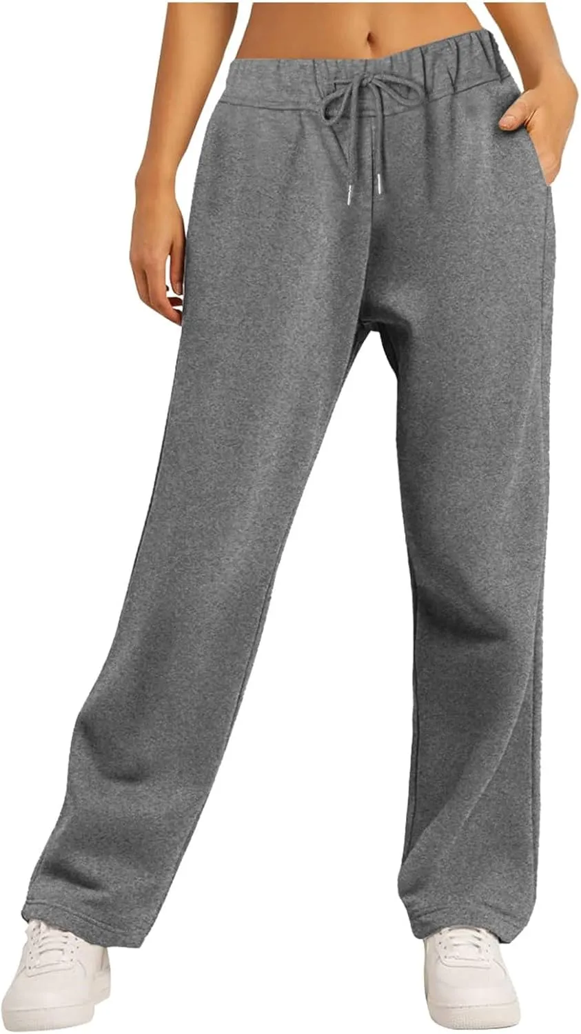 Rvidbe Women's Sweatpants with Pockets,Winter Fleece Lined Comfy Warm Baggy Pants Drawstring High Waist Wide Leg Lounge Pants