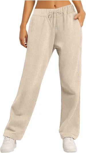 Rvidbe Women's Sweatpants with Pockets,Winter Fleece Lined Comfy Warm Baggy Pants Drawstring High Waist Wide Leg Lounge Pants