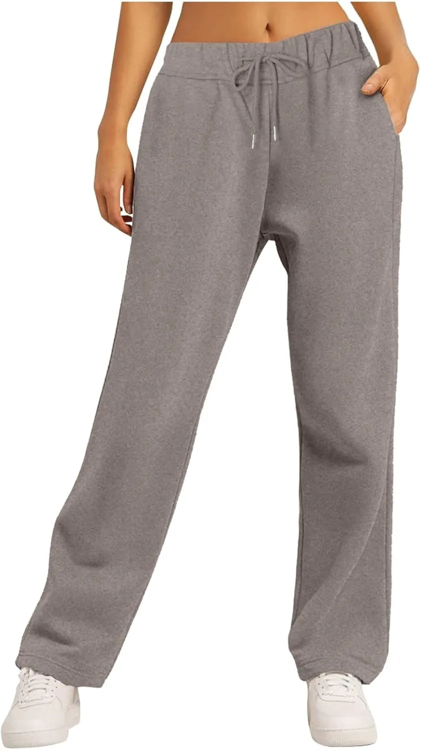 Rvidbe Women's Sweatpants with Pockets,Winter Fleece Lined Comfy Warm Baggy Pants Drawstring High Waist Wide Leg Lounge Pants