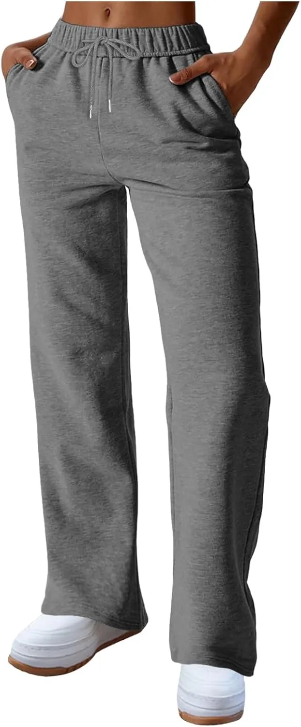 Rvidbe Women's Sweatpants with Pockets,Winter Fleece Lined Comfy Warm Baggy Pants Drawstring High Waist Wide Leg Lounge Pants