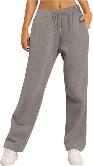 Rvidbe Women's Sweatpants with Pockets,Winter Fleece Lined Comfy Warm Baggy Pants Drawstring High Waist Wide Leg Lounge Pants