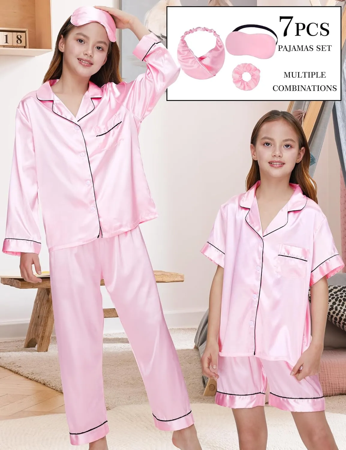 SEALINF 4 Pcs Silk Pajamas for Girls Kids Satin Pajamas Long Short Sleeve Long Pants Shorts Pjs Set with Sleep Mask