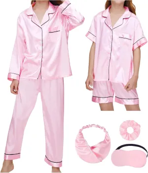 SEALINF 4 Pcs Silk Pajamas for Girls Kids Satin Pajamas Long Short Sleeve Long Pants Shorts Pjs Set with Sleep Mask