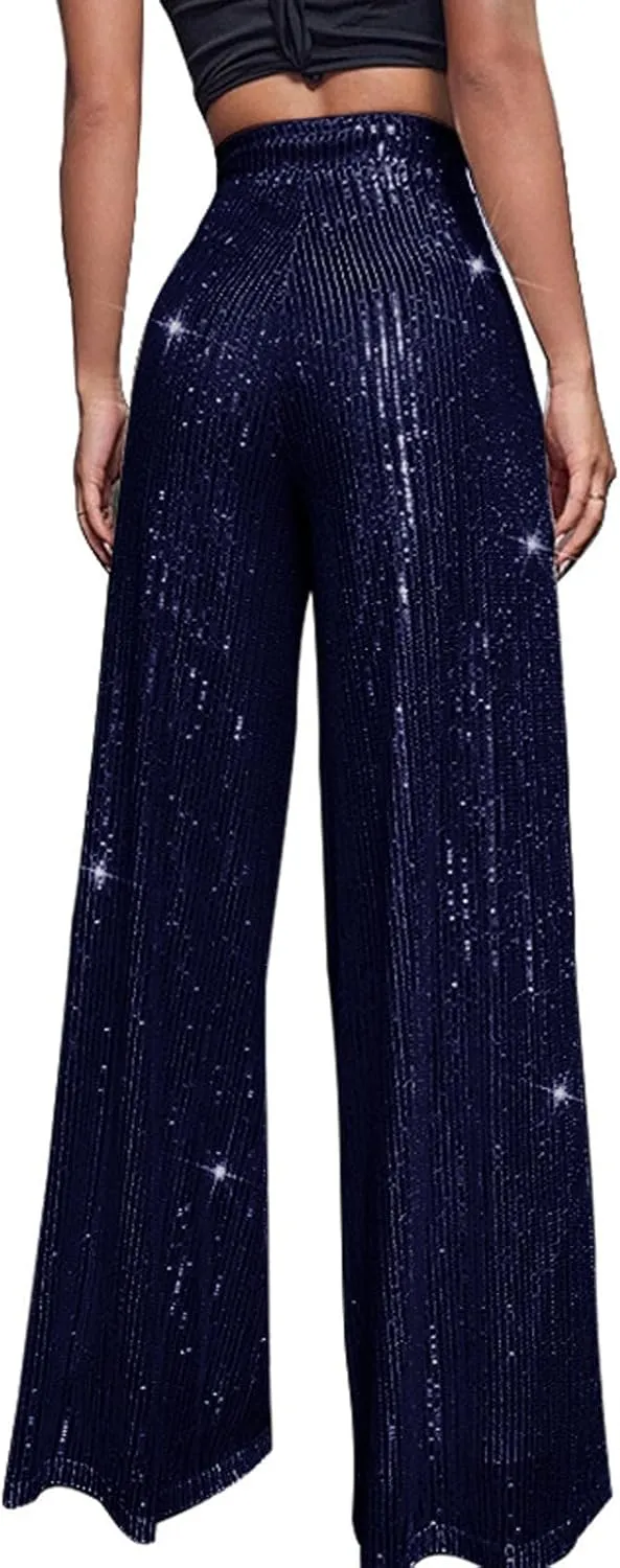 Sequin Pants Women Fashion High Waist Pant Sparkly Wide Leg Trousers Elastic Loose Side Zipper Shiny Pants