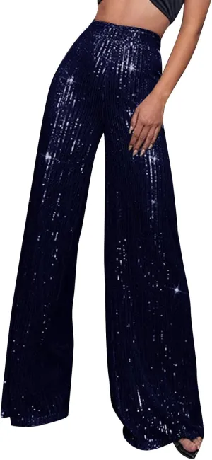 Sequin Pants Women Fashion High Waist Pant Sparkly Wide Leg Trousers Elastic Loose Side Zipper Shiny Pants