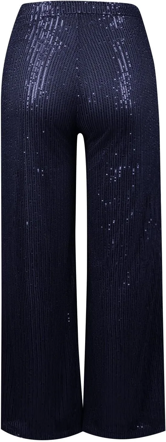 Sequin Pants Women Fashion High Waist Pant Sparkly Wide Leg Trousers Elastic Loose Side Zipper Shiny Pants