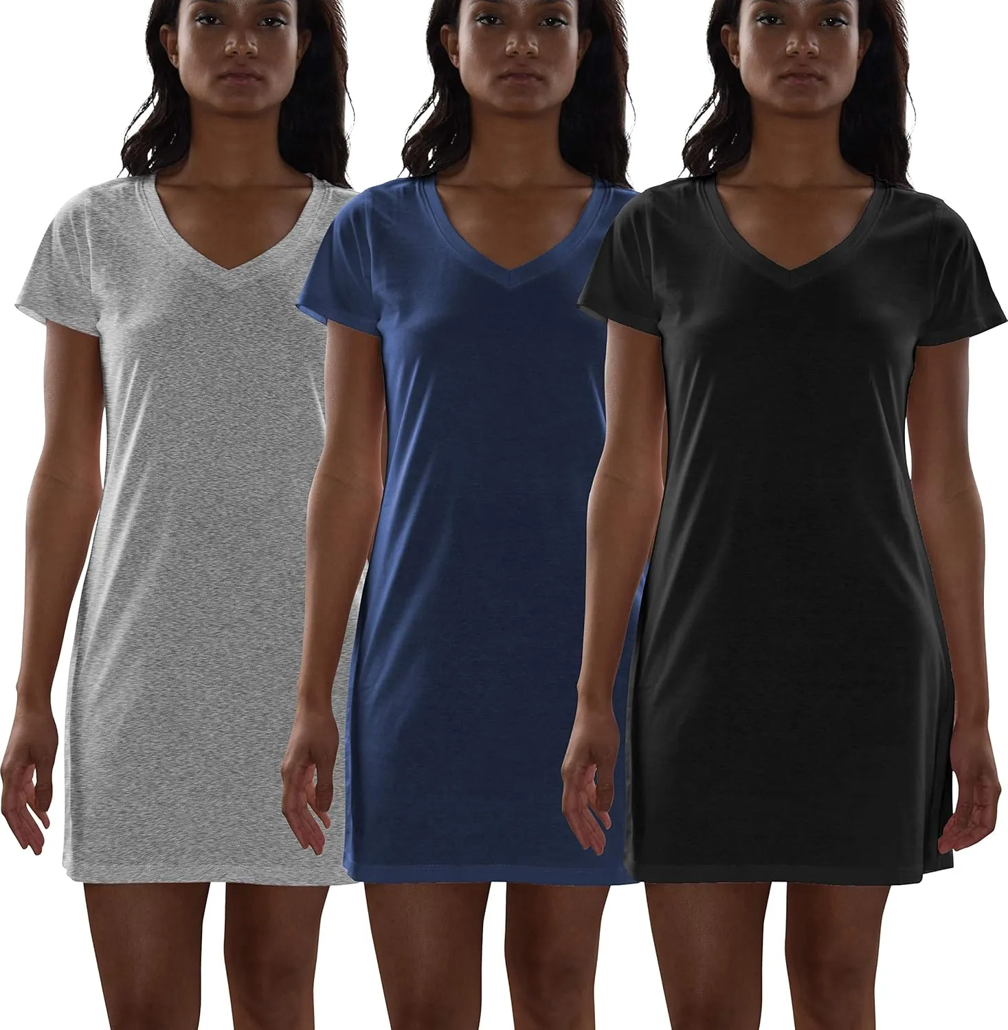 Sexy Basics Women's Cotton Soft V-Neck Sleepwear Shirt/Nightwear Shirt -Multi Pack