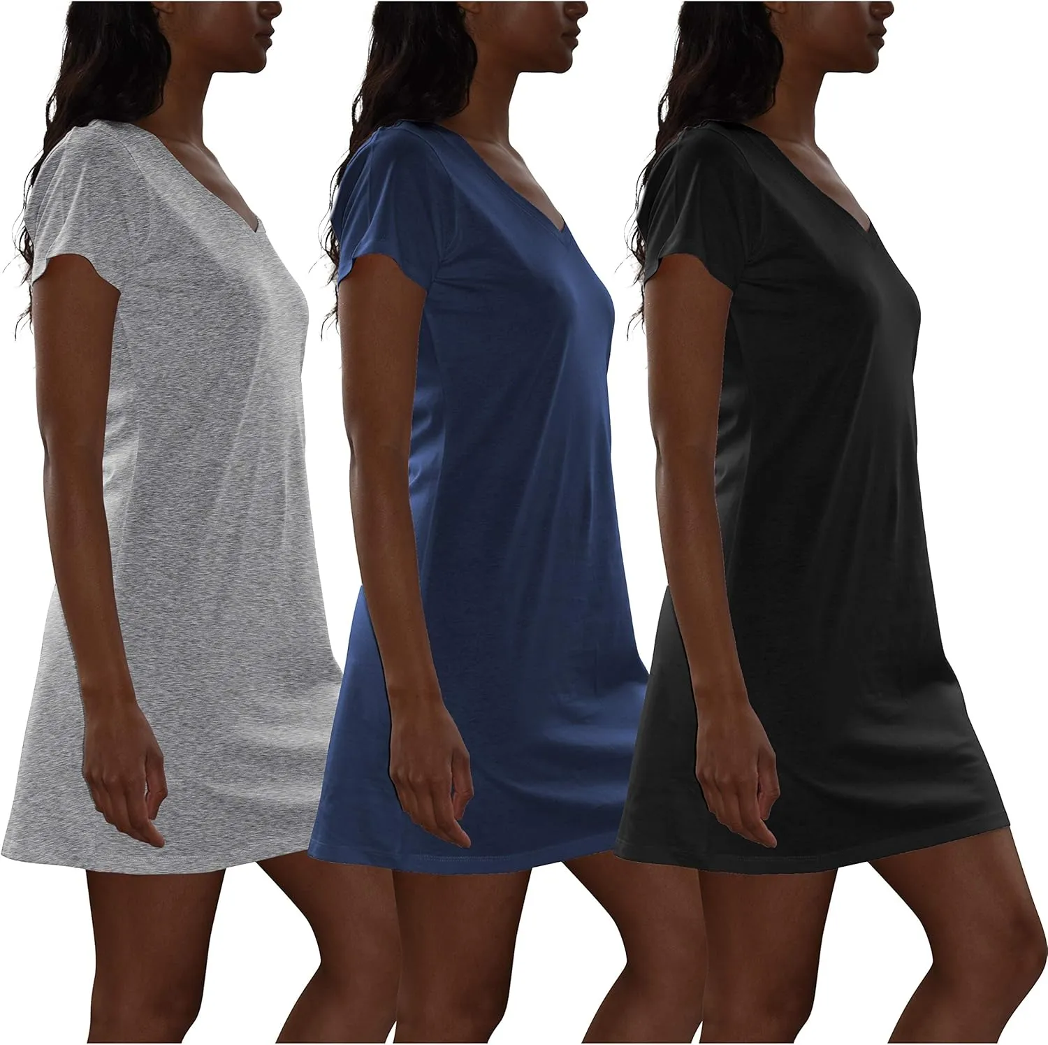 Sexy Basics Women's Cotton Soft V-Neck Sleepwear Shirt/Nightwear Shirt -Multi Pack