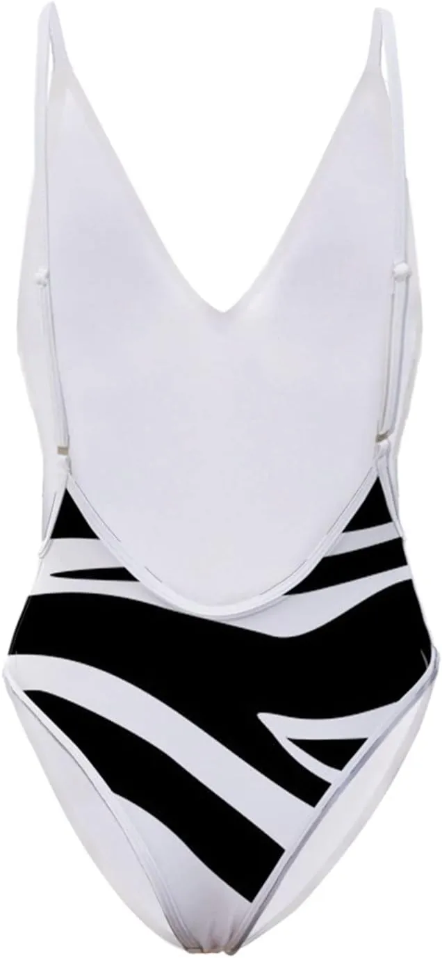 Sexy One Piece Swimsuits for Women Plunge Deep V Neck Backless Bathing Suits Print Halter Tummy Control Swimwear