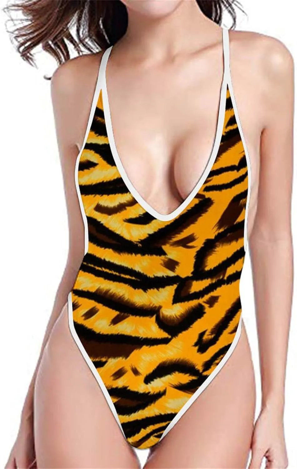 Sexy One Piece Swimsuits for Women Plunge Deep V Neck Backless Bathing Suits Print Halter Tummy Control Swimwear