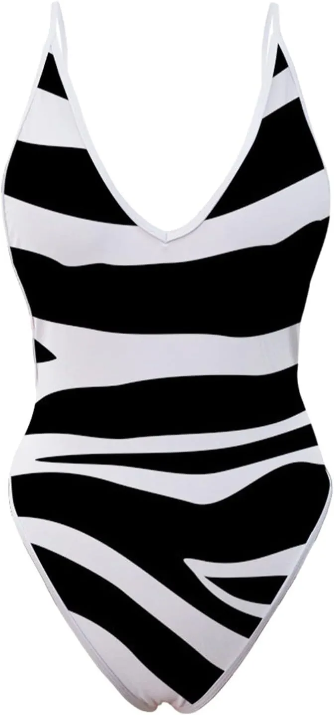 Sexy One Piece Swimsuits for Women Plunge Deep V Neck Backless Bathing Suits Print Halter Tummy Control Swimwear