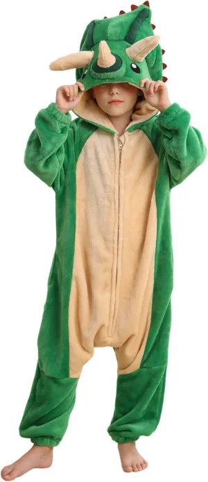 SimZoo Kids Animal Pajamas, 3-13 Years Boy and Girls Pentaceratops Cosplay Costume Sleepwear, One-Piece Unisex Homewear