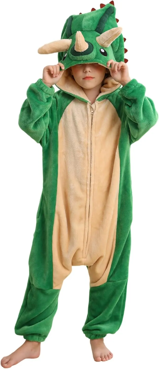 SimZoo Kids Animal Pajamas, 3-13 Years Boy and Girls Pentaceratops Cosplay Costume Sleepwear, One-Piece Unisex Homewear
