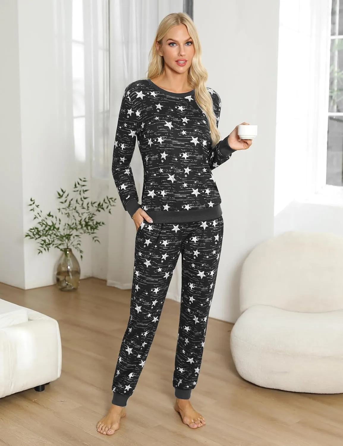Soft Womens Pajama Sets Cotton Long Sleeve Pj Sets Comfy 2 Piece Sleepwear Cozy Loungewear Nightwear With Pockets